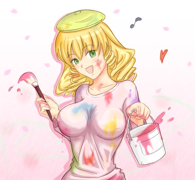 art_brush artist_request beret blonde_hair breasts copyright_request drill_hair eighth_note green_eyes hat heart large_breasts long_sleeves musical_note paint paint_can paint_stains paintbrush solo