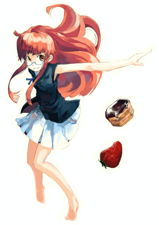 barefoot cake food fruit glasses long_hair myu original red_hair solo strawberry