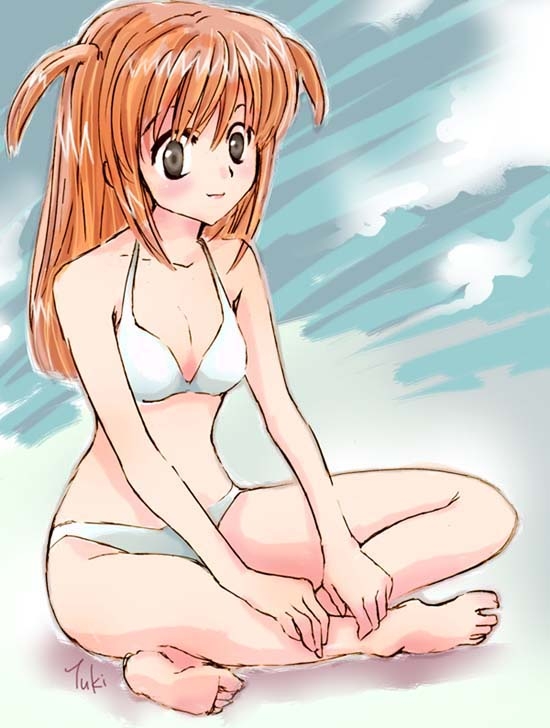 amane_misa artist_request bangs barefoot bikini breasts death_note indian_style long_hair sitting small_breasts solo source_request swimsuit two_side_up white_bikini