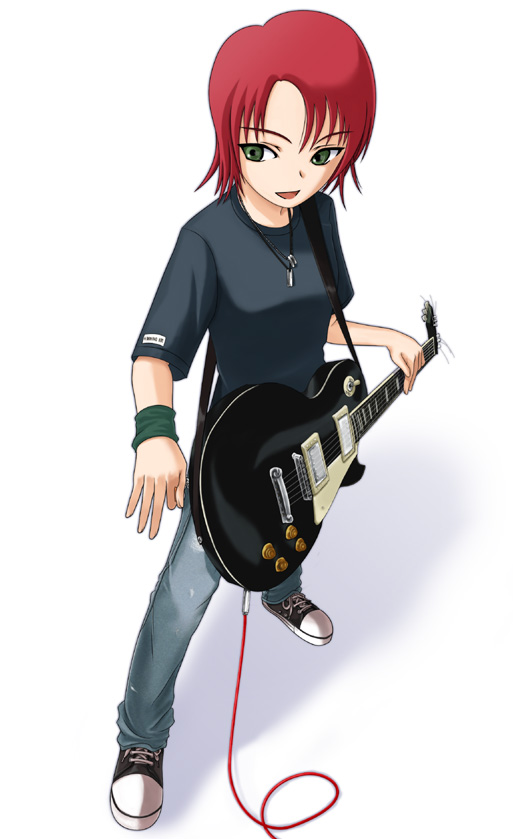 40010prototype cable denim electric_guitar green_eyes guitar instrument jeans jewelry juliet_nao_zhang les_paul my-otome necklace pants red_hair shoes short_hair sneakers solo wristband yuuki_nao