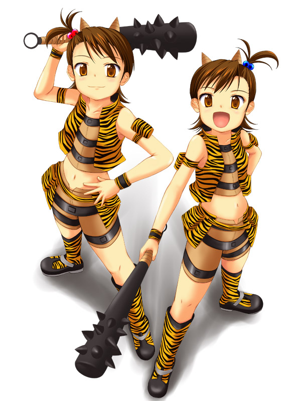 :d animal_print blue_oni boots club cool_&amp;_sexy_(idolmaster) cosplay flipped_hair futami_ami futami_mami idolmaster idolmaster_(classic) idolmaster_1 kanabou multiple_girls nishi_(count2.4) oni open_mouth red_oni siblings smile tiger_print twins weapon