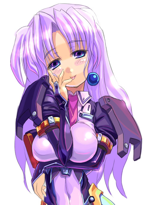 armor blush breasts copyright_request earrings huge_breasts jewelry musumi_renga purple_eyes purple_hair solo