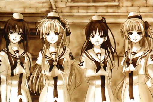 aria artist_request bangs character_request monochrome multiple_girls sepia
