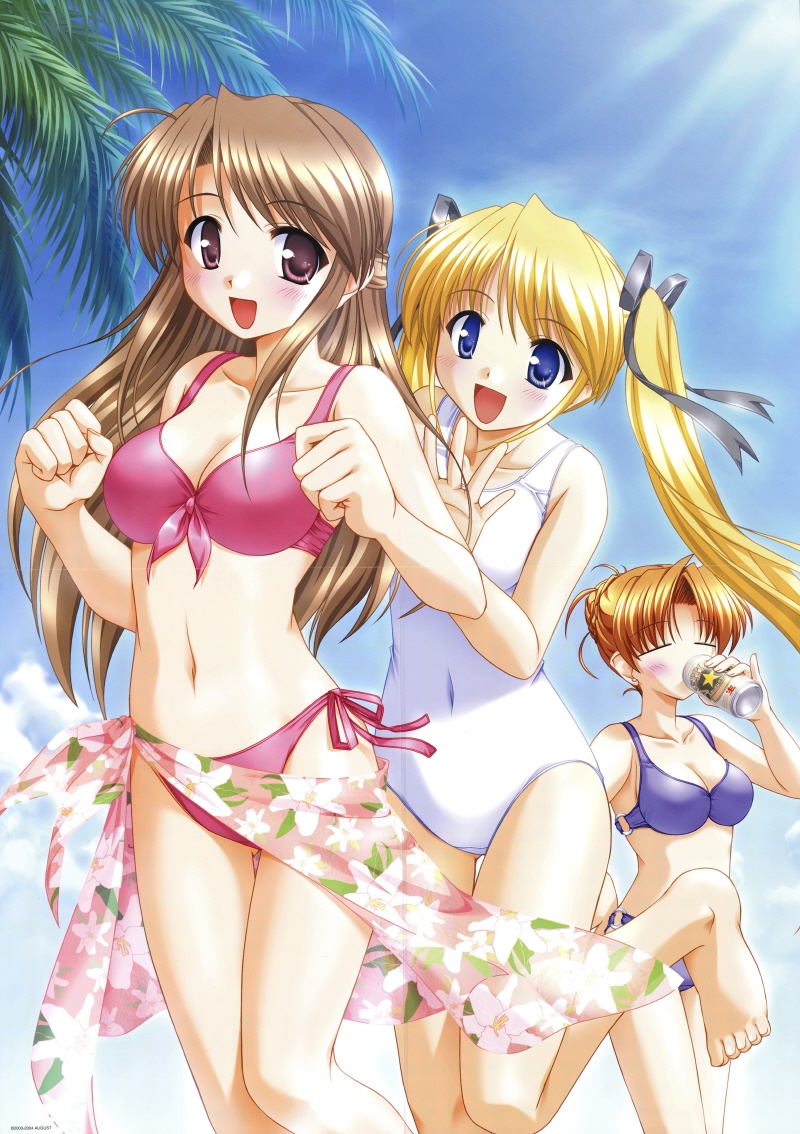 barefoot bekkankou bikini blonde_hair blue_eyes blush breasts brown_hair cleavage closed_eyes covered_navel day drink drinking floral_print front-tie_top fujieda_honami hair_ribbon light_rays long_hair looking_at_viewer medium_breasts multiple_girls nishina_kyouko one-piece_swimsuit open_mouth palm_tree print_sarong ribbon sarong shibugaki_matsuri side-tie_bikini smile sunbeam sunlight swimsuit thigh_gap tree tsuki_wa_higashi_ni_hi_wa_nishi_ni twintails