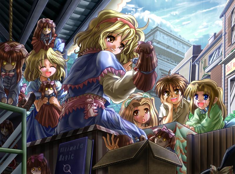 4girls alice_margatroid alice_margatroid_(pc-98) amamizu_(myofuu_kai) ass blonde_hair blue_eyes book box brown_hair building chin_rest day doll dual_persona duplicate glowing glowing_eyes grimoire grimoire_of_alice hairband hanging happy hat horror_(theme) hourai_doll long_hair long_sleeves multiple_girls open_mouth outdoors puppet sash short_hair sitting smile tears time_paradox touhou touhou_(pc-98) witch_hat yellow_eyes