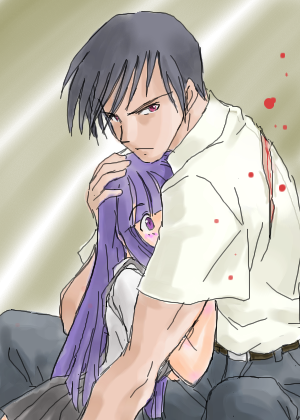 1girl akasaka_mamoru artist_request blood furude_rika higurashi_no_naku_koro_ni hug lowres protecting purple_eyes red_eyes suspenders tareme tsurime