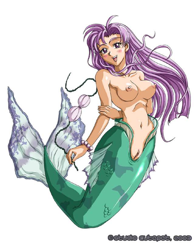 banned_artist bikini_top_removed blush bracelet breasts cutepet jewelry jpeg_artifacts long_hair looking_at_viewer medium_breasts mermaid monster_girl nipples nude purple_eyes purple_hair pussy shell shell_bikini simple_background smile solo white_background