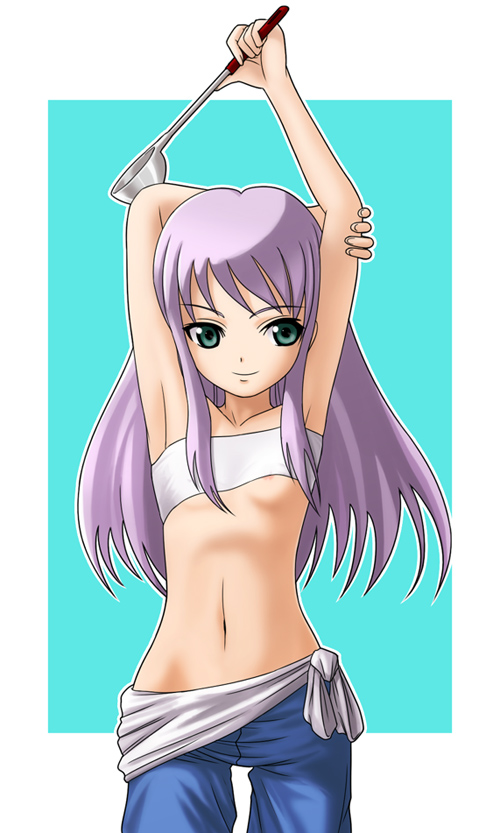 areolae artist_request breasts green_eyes long_hair mashiro_blan_de_windbloom midriff my-otome purple_hair small_breasts solo