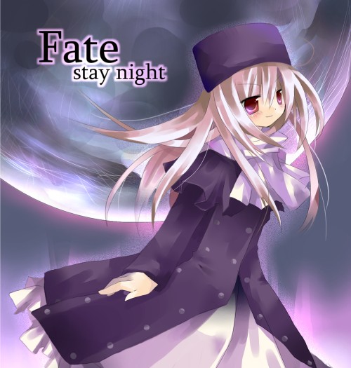 fate/stay_night fate_(series) full_moon hat illyasviel_von_einzbern jin_rikuri long_hair long_sleeves moon purple_hat red_eyes solo white_hair