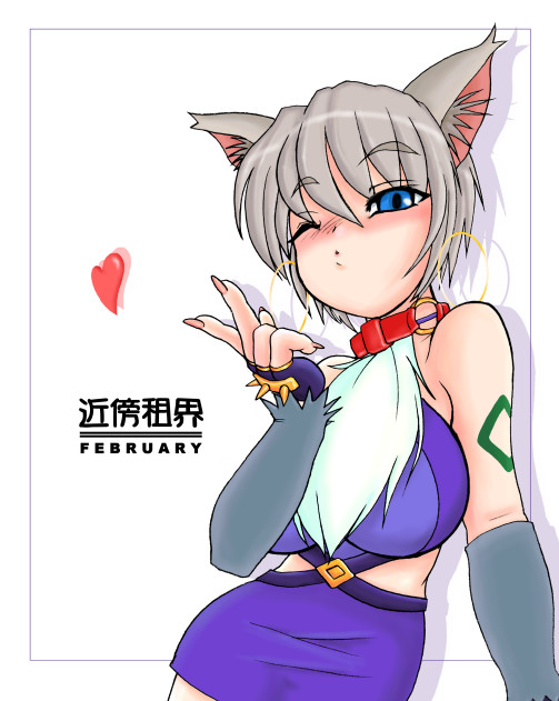 .hack//tasogare_no_udewa_densetsu 1girl animal_ears blown_kiss blue_eyes blush breasts collar dog_ears dress earrings february fingernails fur heart hoop_earrings jewelry konmori_(kinbou_sokai) large_breasts long_fingernails one_eye_closed ouka_(.hack//) short_dress short_hair silver_hair solo tattoo