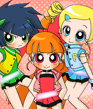 akazutsumi_momoko artist_request bangs bare_legs bare_shoulders black_hair blue_dress blunt_bangs blush closed_mouth cowboy_shot dress drill_hair expressionless glowing goutokuji_miyako green_dress green_eyes hyper_blossom looking_at_viewer lowres matsubara_kaoru multiple_girls oekaki open_clothes open_vest polka_dot polka_dot_background powered_buttercup powerpuff_girls_z red_dress red_eyes rolling_bubbles smile spiked_hair twin_drills twintails uniform vest