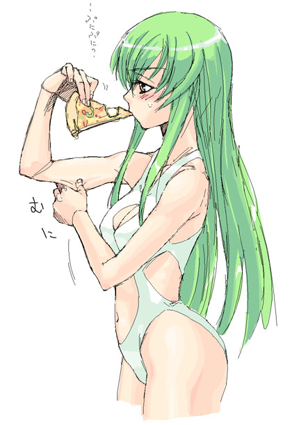blush breasts c.c. casual_one-piece_swimsuit cleavage code_geass eating food green_hair holding_pizza long_hair medium_breasts navel one-piece_swimsuit pizza satou_atsuki simple_background slice_of_pizza solo sweatdrop swimsuit thighs