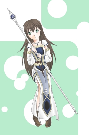 brown_footwear brown_hair detached_sleeves gensou_suikoden gensou_suikoden_v green_eyes long_hair long_sleeves looking_at_viewer lowres open_mouth shoes solo staff standing viki_(suikoden)