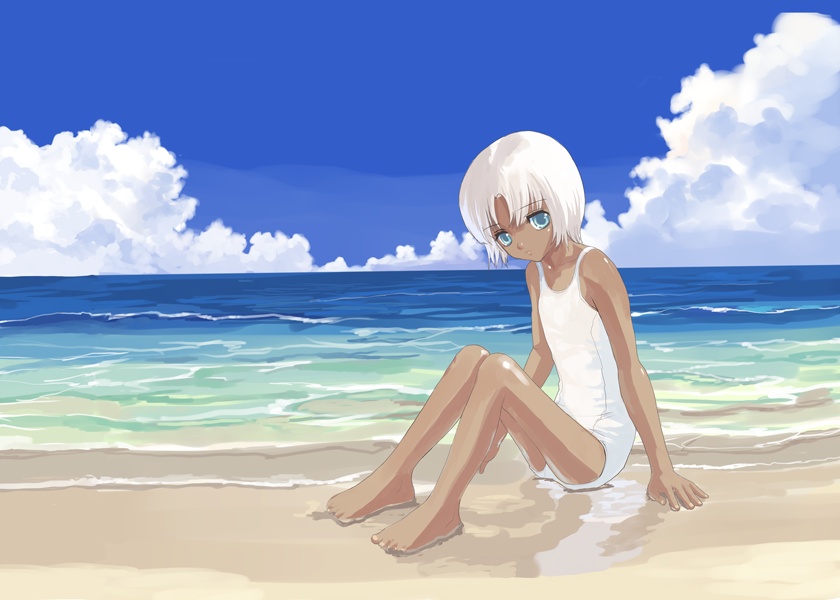 artist_request beach blue_eyes cloud copyright_request day ocean one-piece_swimsuit outdoors peaceful school_swimsuit sitting sky solo swimsuit white_hair white_school_swimsuit white_swimsuit