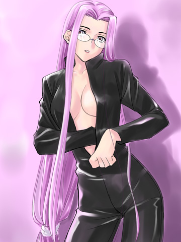 artist_request biker_clothes bikesuit breasts cleavage fate/stay_night fate_(series) glasses leather long_hair long_sleeves low-tied_long_hair lowres medium_breasts rider shiny solo very_long_hair zipper