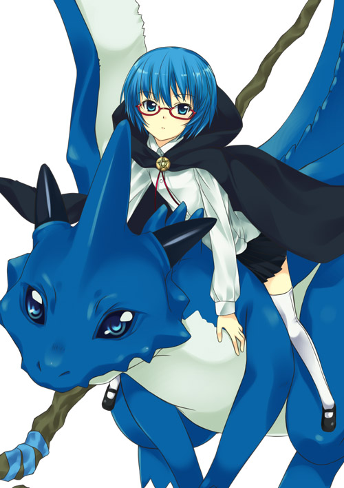 blue_eyes blue_hair cape dragon glasses long_sleeves mizuki_makoto short_hair staff sylpheed tabitha thighhighs zero_no_tsukaima