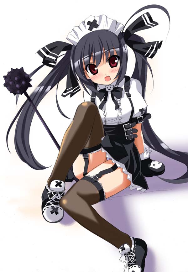 :d black_hair duplicate garter_straps gloves hair_ribbon kooh long_hair maid open_mouth pangya red_eyes ribbon shoes smile sneakers solo souryuu spiked_mace thighhighs twintails