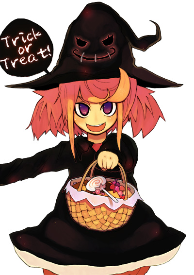 basket candy dress food grin halloween hat lollipop long_sleeves open_mouth orange_hair original purple_eyes shuzoku_fumei sidelocks smile solo swirl_lollipop trick_or_treat twintails white_background witch witch_hat