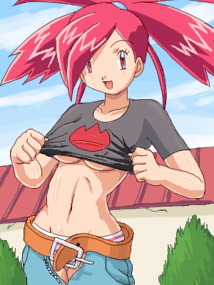 asuna_(pokemon) babydoll_t-shirt belt breasts crop_top day gym_leader happy large_breasts lowres midriff no_bra open_fly outdoors panties pink_eyes pink_hair pink_panties pokemoa pokemon pokemon_(game) pokemon_rse quad_tails shirt shirt_lift solo striped striped_panties t-shirt underboob underwear undressing unzipped zipper