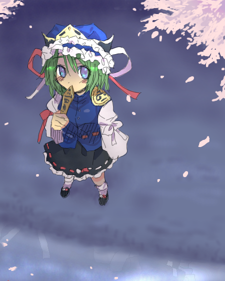 blue_eyes blush bow cherry_blossoms from_above green_hair hat long_sleeves oekaki petals ribbon rod_of_remorse shiki_eiki short_hair skirt solo touhou wide_sleeves