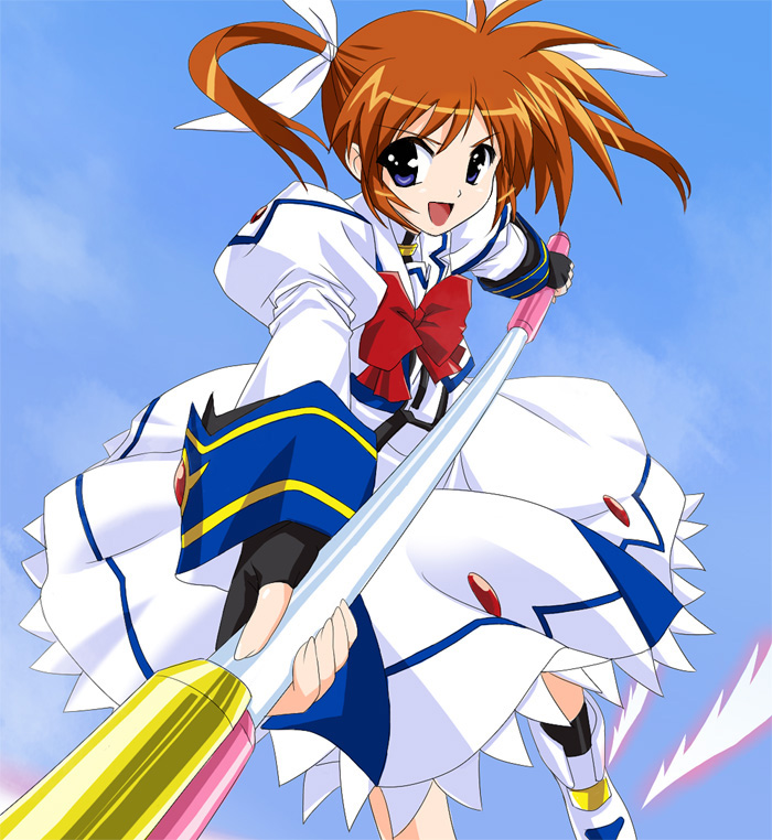 bow fingerless_gloves gloves long_sleeves lyrical_nanoha magical_girl mahou_shoujo_lyrical_nanoha mahou_shoujo_lyrical_nanoha_a's oisin purple_eyes raising_heart red_bow red_hair shoes solo takamachi_nanoha twintails winged_shoes wings