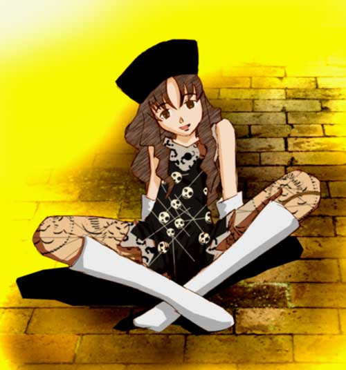 arm_support artist_request bare_shoulders boots brown_eyes brown_hair detached_sleeves dress gankutsuou hat head_tilt indian_style male_focus otoko_no_ko pantyhose peppo sitting smile solo