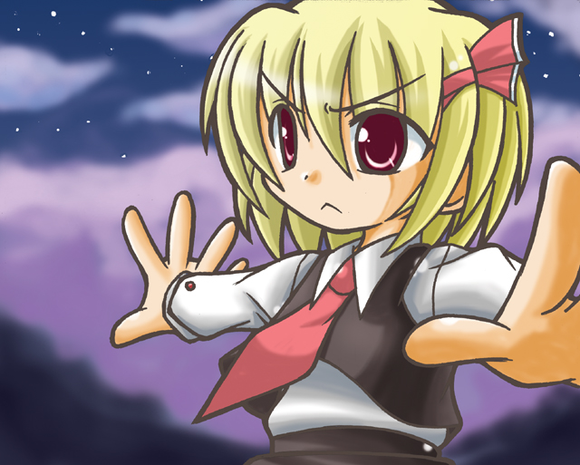 :&lt; blonde_hair child closed_mouth cloud eyebrows eyebrows_visible_through_hair eyes_visible_through_hair hair_ribbon long_sleeves minazuki_aqua necktie night night_sky outstretched_arms red_eyes red_neckwear red_ribbon ribbon rumia short_hair sky solo spread_arms star touhou tress_ribbon v-shaped_eyebrows