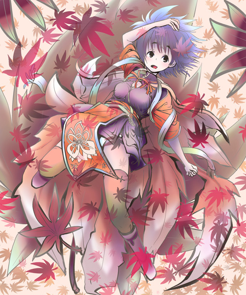 :o arms_up artist_request autumn autumn_leaves blue_hair bracelet breasts dress falling_leaves full_body jewelry large_breasts leaf looking_at_viewer open_mouth original panties pelvic_curtain pointy_ears purple_dress solo thighhighs underwear