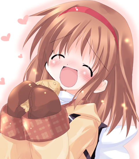 ^_^ brown_hair closed_eyes coat food hairband heart kanon long_sleeves mittens open_mouth paco smile solo taiyaki tsukimiya_ayu wagashi wings