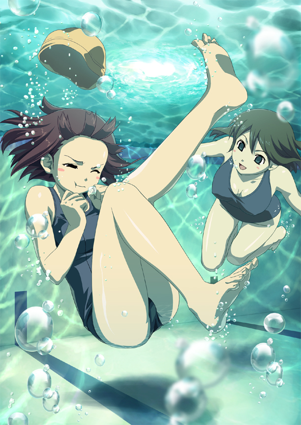 barefoot bubble duplicate feet koutaro legs multiple_girls non-web_source one-piece_swimsuit one_eye_closed original school_swimsuit swimsuit underwater