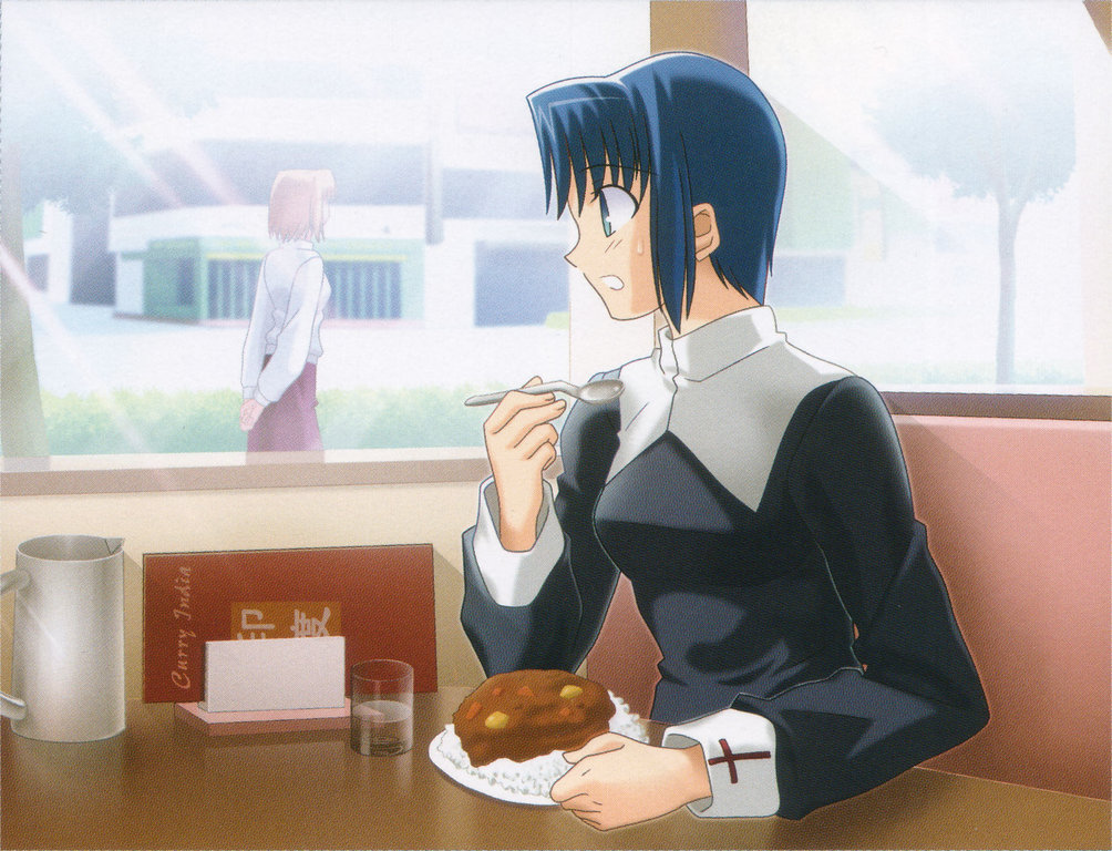 arcueid_brunestud arms_behind_back blonde_hair ciel cross curry curry_rice food glass indoors latin_cross long_sleeves multiple_girls plate rice seat sitting source_request spoon sweat table takeuchi_takashi translated tree tsukihime window