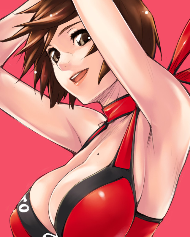 armpits breasts brown_eyes brown_hair cleavage hinomoto_reiko large_breasts mole mole_on_body rumble_roses short_hair smile solo wrestling_outfit yurikawa