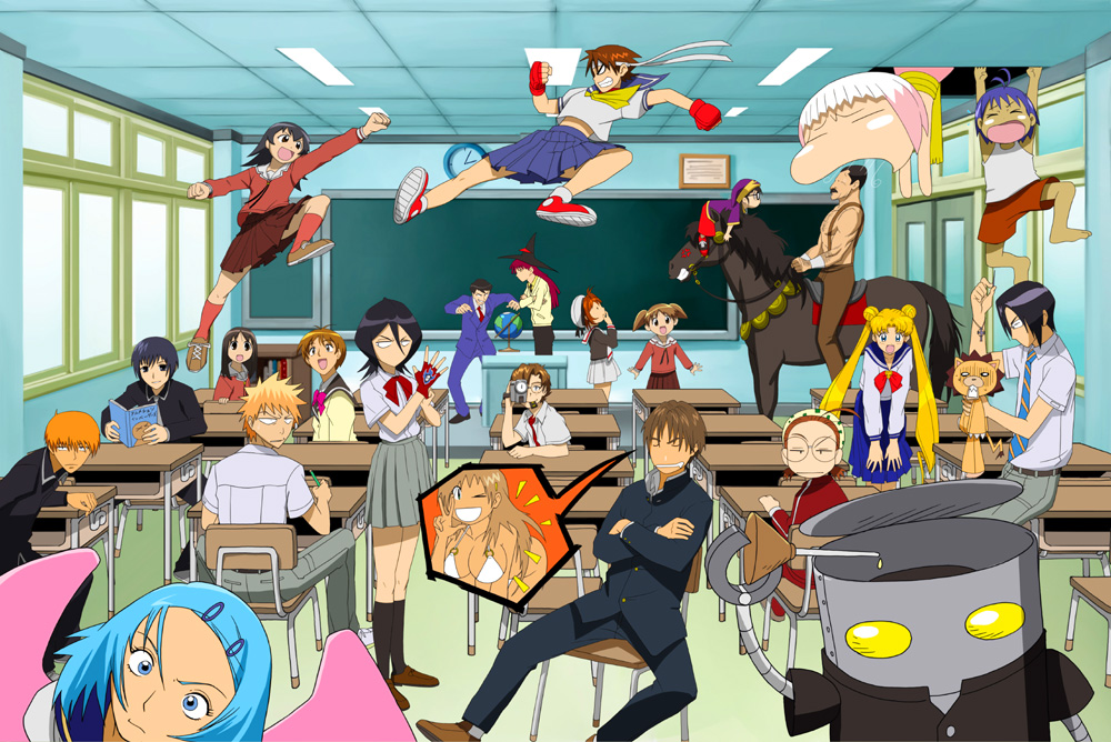 6+girls aburatsubo_ayanojou aida_kensuke amagane_rinne annotation_request azumanga_daiou bishoujo_senshi_sailor_moon black_hair bleach blonde_hair blue_eyes blue_sailor_collar bow breasts brown_eyes brown_hair capcom cardcaptor_sakura chair chalkboard classroom clock crossover door dr._slump el_hazard epic everyone fingerless_gloves freddie_mercury fruits_basket gantz gloves guu hare headband hells_angels horse indoors ishida_uryuu jinnai_katsuhiko jinnai_makoto jungle_wa_itsumo_hare_nochi_guu juuban_middle_school_uniform kanzaki_hitomi kareshi_kanojo_no_jijou kasuga_ayumu kasugano_sakura kicking kinomoto_sakura kon kuchiki_rukia kurono_kei kurosaki_ichigo large_breasts long_hair long_sleeves mahou_tsukai_tai! makotron_(artist) mechazawa_shin'ichi mihama_chiyo miyazawa_yukino multiple_boys multiple_crossover multiple_girls neon_genesis_evangelion norimaki_arale panties pantyhose red_bow sailor_collar sakigake!!_cromartie_koukou school_uniform serafuku short_hair skirt souma_kyou souma_yuki street_fighter street_fighter_zero_(series) takino_tomo tenkuu_no_escaflowne tomoeda_elementary_school_uniform tsukino_usagi underwear what window wings