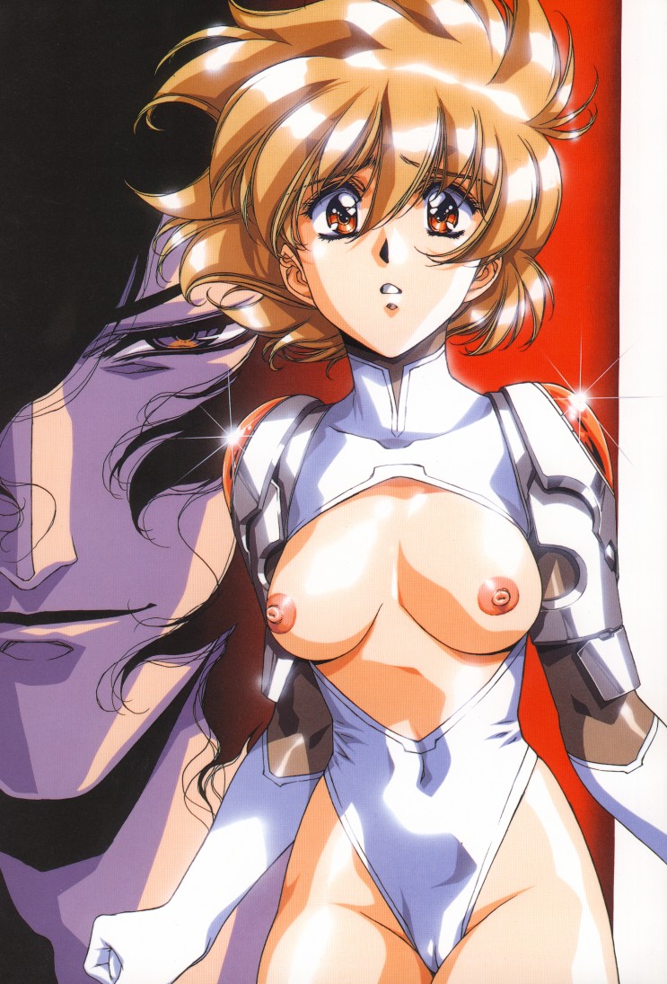 1girl adam_(chirality) armor bangs bishounen black_hair breasts breasts_apart breasts_outside brown_eyes brown_hair cameltoe chirality clenched_hand covered_navel cowboy_shot glint gloves groin hair_between_eyes hair_over_one_eye half-closed_eyes highleg highleg_leotard leotard looking_at_viewer medium_breasts nipples no_bra official_art parted_lips pauldrons portrait red_background red_eyes revealing_clothes scan shiny shiny_skin shiori_(chirality) shirt short_hair turtleneck urushihara_satoshi