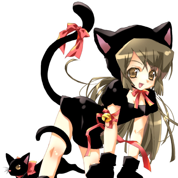 animal_ears artist_request bell black_cat black_gloves cat cat_ears copyright_request gloves jingle_bell long_hair ribbon solo tail tail_ribbon