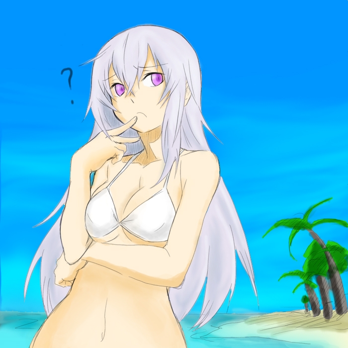 ? artist_request beach bikini blue_sky breasts cleavage day frown horizon large_breasts long_hair navel outdoors palm_tree purple_eyes rozen_maiden sky solo source_request suigintou swimsuit tree upper_body water white_bikini