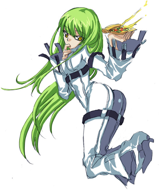 bangs bodysuit boots c.c. code_geass food green_hair holding_pizza long_hair long_sleeves oira_(kagaribi) pizza solo straitjacket very_long_hair white_bodysuit