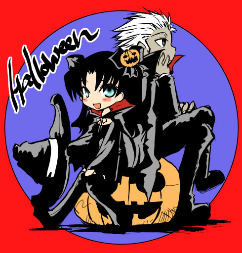 1girl :d animal_ears archer artist_request black_hair black_legwear blue_eyes cat_ears crossed_legs fate/stay_night fate_(series) formal full_body halloween halloween_costume jack-o'-lantern kemonomimi_mode long_hair long_sleeves looking_at_viewer looking_back open_mouth pumpkin silver_hair simple_background smile suit toosaka_rin twintails two-tone_background