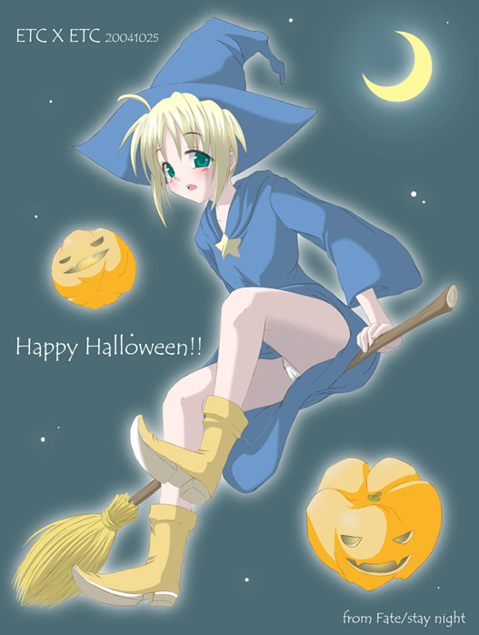 2004 alternate_costume artist_request artoria_pendragon_(all) blonde_hair blue_background copyright_name dated fate/stay_night fate_(series) halloween happy_halloween jack-o'-lantern long_sleeves pumpkin saber sidesaddle solo underwear