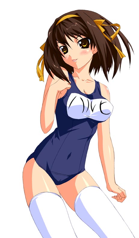 brown_hair kuon_(break_through) name_tag one-piece_swimsuit school_swimsuit short_hair solo suzumiya_haruhi suzumiya_haruhi_no_yuuutsu swimsuit thighhighs