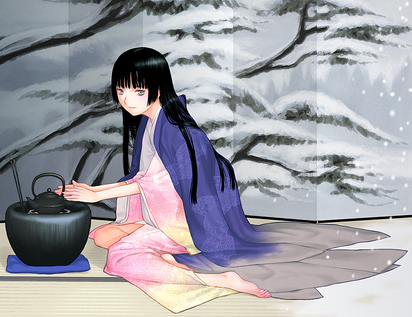 barefoot feet hands hime_cut japanese_clothes kettle kimono long_hair long_sleeves original sakamoto_mineji sitting solo yokozuwari