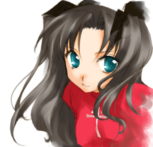 artist_request black_hair blue_eyes fate/stay_night fate_(series) long_hair solo toosaka_rin turtleneck two_side_up