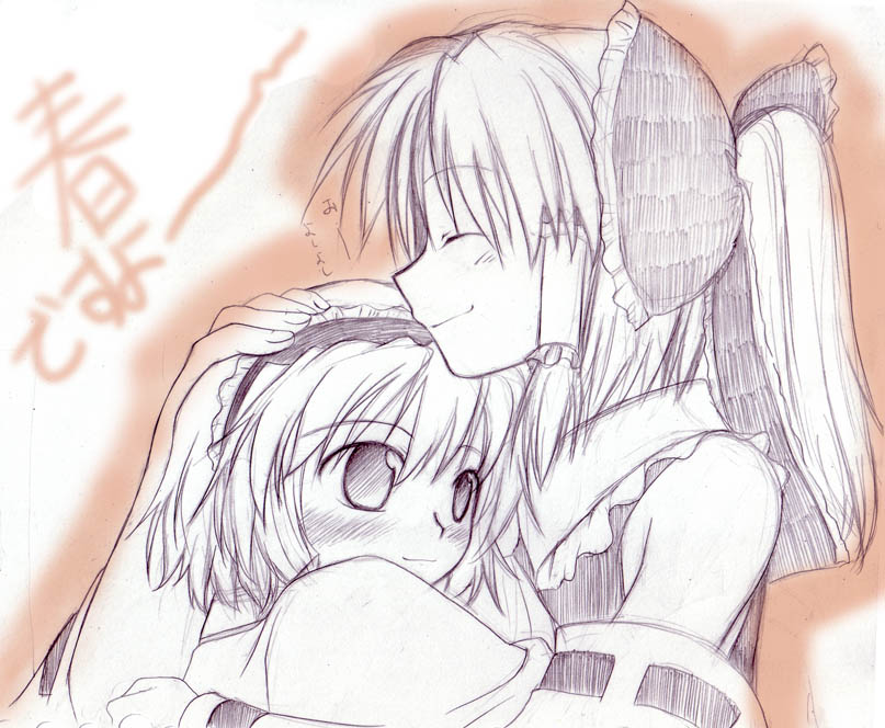 alice_margatroid artist_request bangs bare_shoulders blush bow closed_eyes frilled_bow frilled_hairband frills hair_bow hair_tubes hairband hakurei_reimu hand_on_another's_head hug monochrome multiple_girls ponytail short_hair touhou yuri