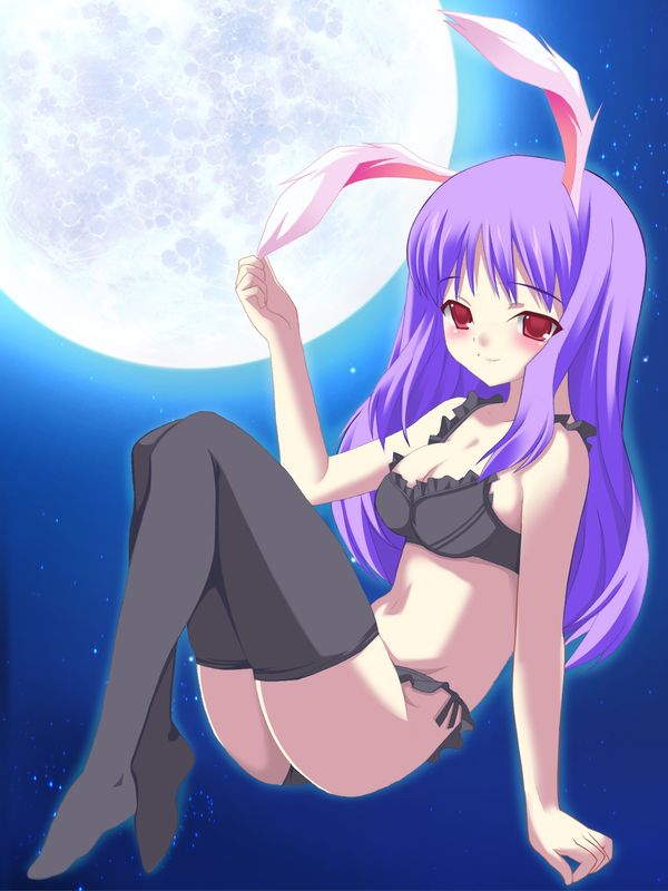 animal_ears artist_request black_bra black_legwear black_panties bra bunny_ears frilled_bra frilled_panties frills lingerie moon panties reisen_udongein_inaba side-tie_panties solo thighhighs touhou underwear underwear_only