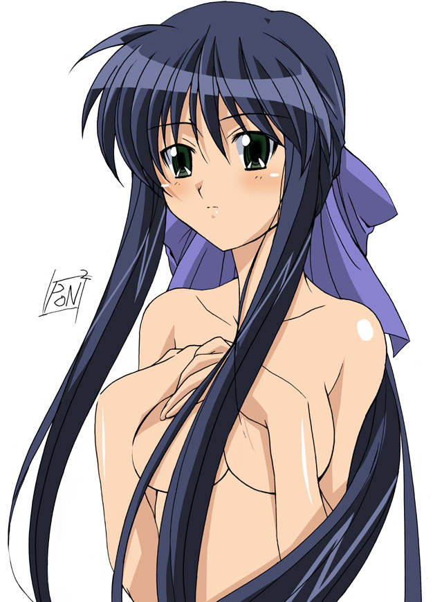 blue_hair breasts covering covering_breasts green_eyes kanon kawasumi_mai long_hair nude ponpon solo upper_body
