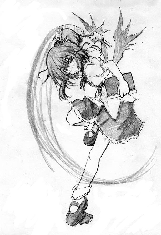 bangs black_wings fan geta greyscale hat hauchiwa looking_at_viewer mary_janes monochrome notebook shameimaru_aya shoes solo tengu-geta tokin_hat touhou wings zero_point