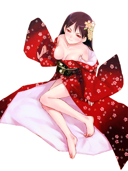 arm_support bare_legs barefoot breasts breasts_apart chinchickrin collarbone feet floral_print flower from_above full_body hair_flower hair_ornament half-closed_eyes japanese_clothes kimono medium_breasts obi off_shoulder open_clothes open_kimono original purple_hair red_eyes sash simple_background sitting solo white_background
