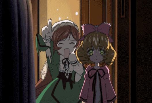 :d ^_^ ^o^ animated animated_gif arm_up blonde_hair blush bow closed_eyes cowboy_shot dress green_dress green_eyes hair_bow head_scarf hina_ichigo index_finger_raised long_sleeves looking_at_viewer multiple_girls open_mouth pink_bow pink_dress pointing pointing_up rozen_maiden screencap smile suiseiseki