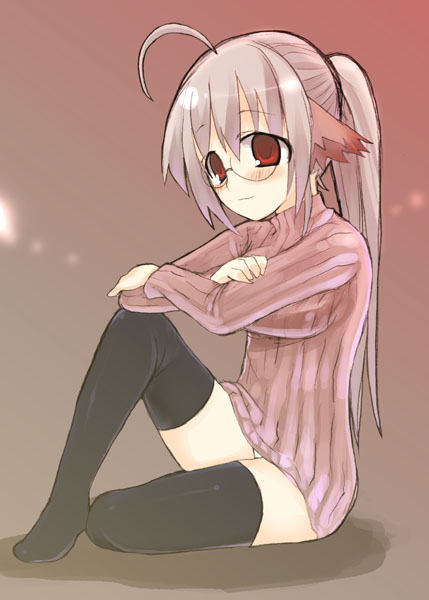 animal_ears cat_ears copyright_request glasses kujiran long_sleeves ponytail solo thighhighs
