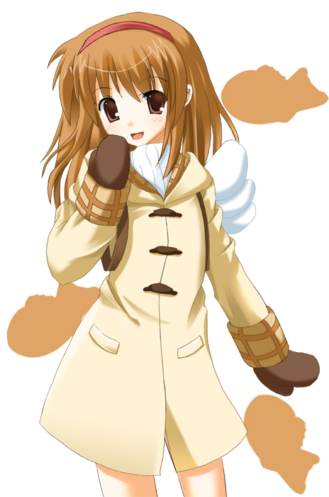 :d blush brown_gloves cowboy_shot duffel_coat food gloves hairband hand_to_own_mouth head_tilt kanon long_sleeves looking_at_viewer odayan open_mouth simple_background smile solo taiyaki toggles tsukimiya_ayu wagashi white_background